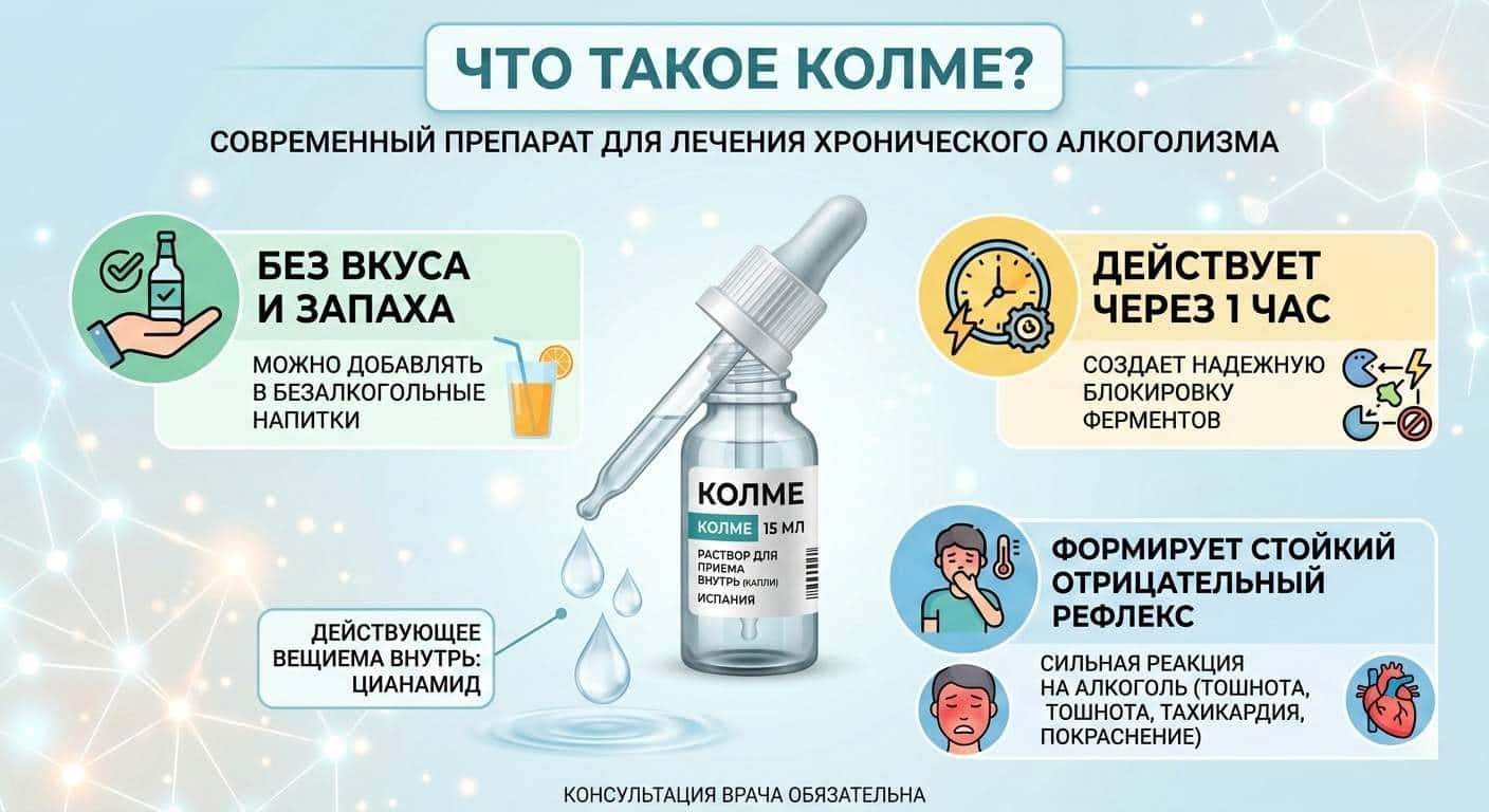Инфографика о препарате Колме от алкоголизма: описание капель на основе цианамида