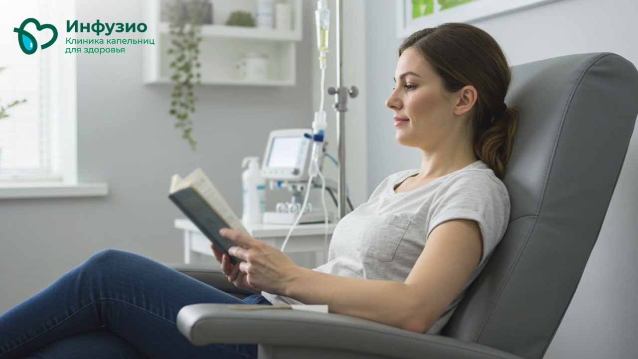 Женщина сидит в кресле с капельницей и читает книгу